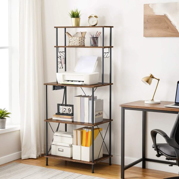 5-Tier Kitchen Baker's Rack with Power Outlets, Microwave Stand & S-Shaped Hooks, Multi-Functional Storage Rack for Coffee Bar, Living Room & Dining Room, Rustic Brown & Black