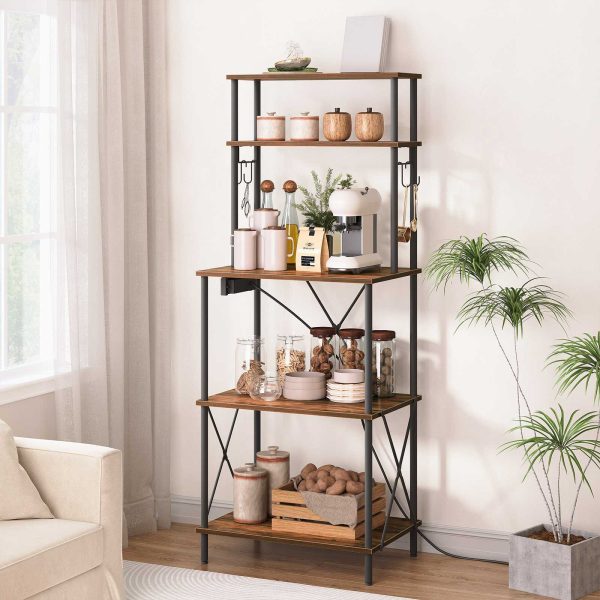 5-Tier Kitchen Baker's Rack with Power Outlets, Microwave Stand & S-Shaped Hooks, Multi-Functional Storage Rack for Coffee Bar, Living Room & Dining Room, Rustic Brown & Black