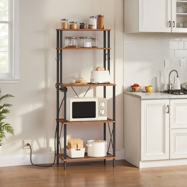 5-Tier Kitchen Baker's Rack with Power Outlets, Microwave Stand & S-Shaped Hooks, Multi-Functional Storage Rack for Coffee Bar, Living Room & Dining Room, Rustic Brown & Black