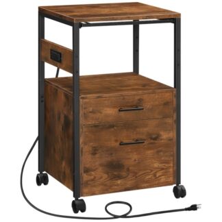 2 خزانة ملفات درج, حامل الطابعة المحمولة مع رف تخزين مفتوح, خزانة الملفات مع محطة الشحن, خزانة مكتب خشبية تناسب مقاس A4/Letter, ريفي البني والأسود