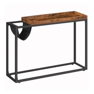 console table, sofa table with magazine holder, industrial entrance table with raised edge and metal frame, for living room, entryway, corridor, sturdy, easy assembly, rustic brown