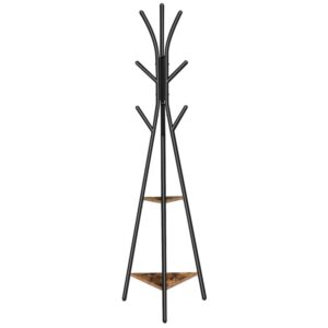 coat rack stand, hall tree with 2 storage shelves and 9 hooks, coat tree free standing for coats, clothes, hats, bags, stable, easy assemble, metal frame, rustic brown