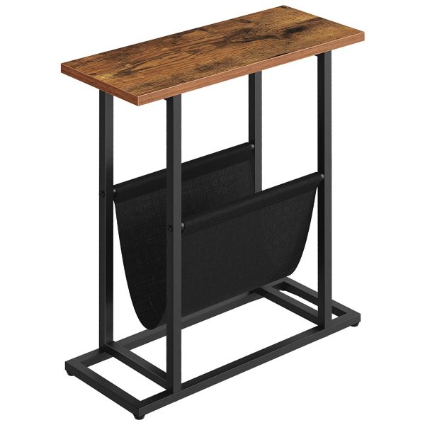 Side Table with Magazine Holder Sling, Rustic Brown & Black Slim Accent Table, Space-Saving Nightstand, Wood-Look Surface with Metal Frame, Industrial Style, Easy Assembly