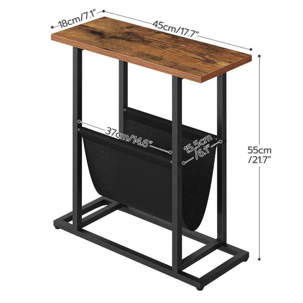 Side Table with Magazine Holder Sling, Rustic Brown & Black Slim Accent Table, Space-Saving Nightstand, Wood-Look Surface with Metal Frame, Industrial Style, Easy Assembly