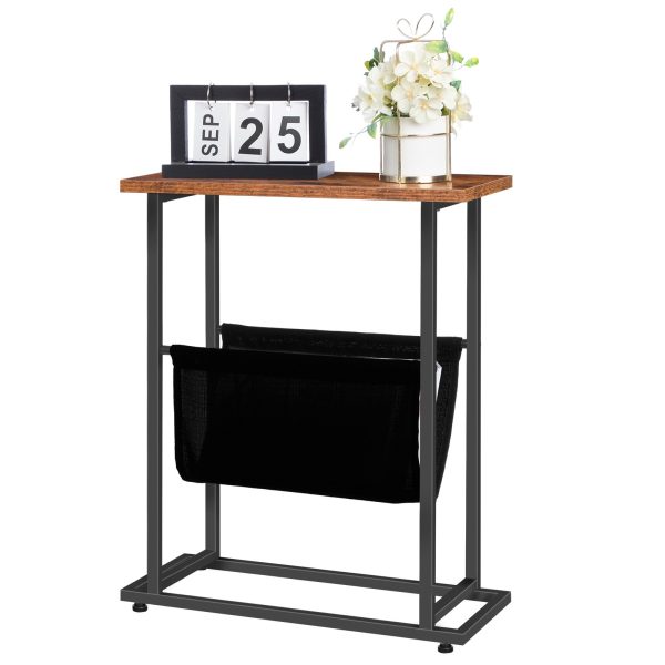 Side Table with Magazine Holder Sling, Rustic Brown & Black Slim Accent Table, Space-Saving Nightstand, Wood-Look Surface with Metal Frame, Industrial Style, Easy Assembly