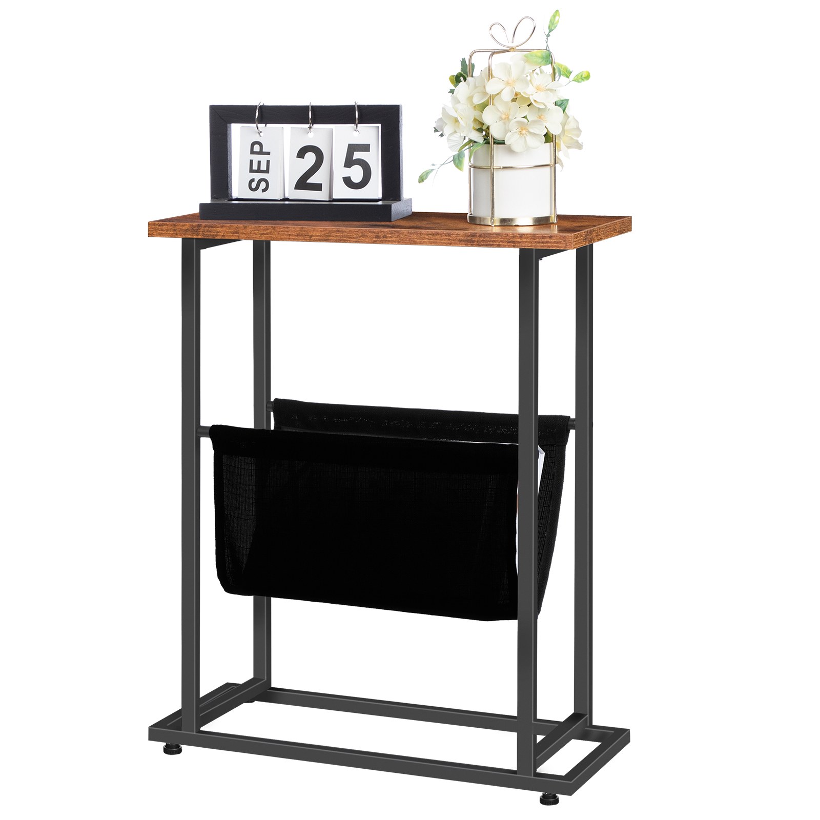 Side Table with Magazine Holder Sling, Rustic Brown & Black Slim Accent Table, Space-Saving Nightstand, Wood-Look Surface with Metal Frame, Industrial Style, Easy Assembly