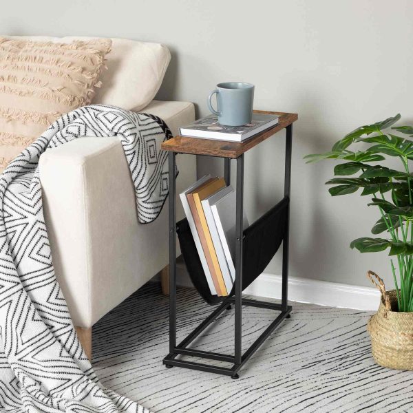 Side Table with Magazine Holder Sling, Rustic Brown & Black Slim Accent Table, Space-Saving Nightstand, Wood-Look Surface with Metal Frame, Industrial Style, Easy Assembly