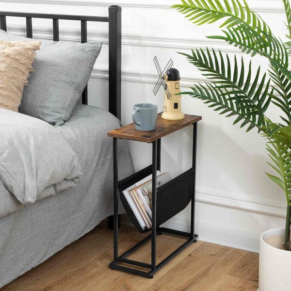 Side Table with Magazine Holder Sling, Rustic Brown & Black Slim Accent Table, Space-Saving Nightstand, Wood-Look Surface with Metal Frame, Industrial Style, Easy Assembly
