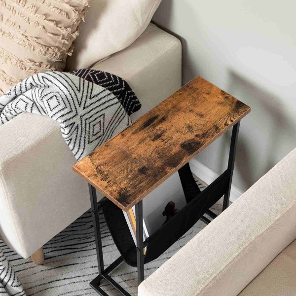 Side Table with Magazine Holder Sling, Rustic Brown & Black Slim Accent Table, Space-Saving Nightstand, Wood-Look Surface with Metal Frame, Industrial Style, Easy Assembly