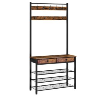 Stojak na płaszcze, Wieszak na ubrania ze schowkiem na buty, Drzewo Hallowe z 2 Szuflady z włókniny, Wieszak na buty i płaszcze, Uniwersalna półka do przechowywania, dla Przedpokoju, Sypialnia, Szatnia, Rustykalny brąz i czerń