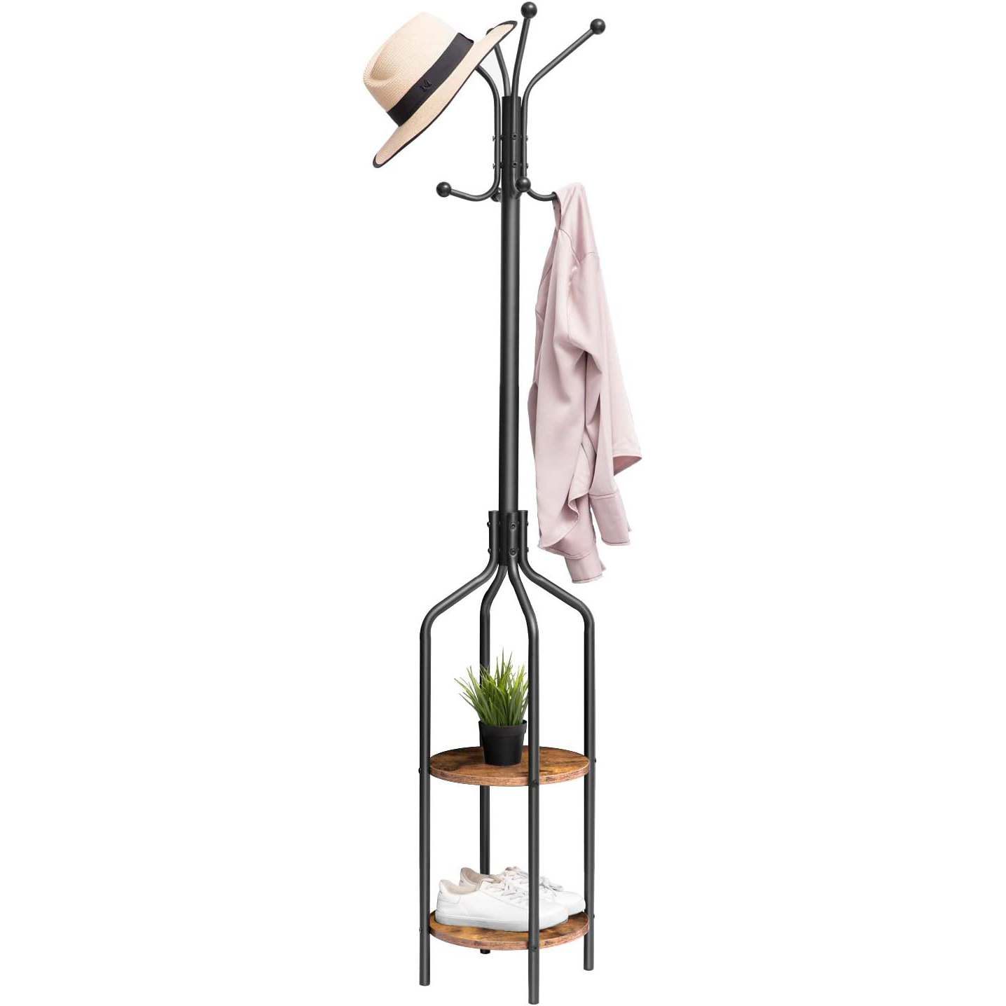 Freistehender Garderobenständer mit 2 Regale und 8 Haken, Industrial Hall Tree with Metal Frame, Rustikales Braun, Geeignet für den Flur, Veranda, Ideal for Hanging Hats, Backpacks and Umbrellas