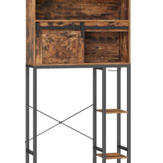 فوق خزانة تخزين المرحاض, حامل منظم الحمام مع حامل ورق التواليت, رف تخزين المرحاض موفر للمساحة, انزلاق باب الحظيرة, ريفي البني والأسود