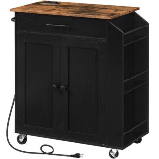 جزيرة المطبخ مع منفذ الطاقة, جزيرة تخزين المطبخ مع رف التوابل والدرج, عربة المطبخ على عجلات, للمنزل, المطبخ وغرفة الطعام, بني ريفي أسود