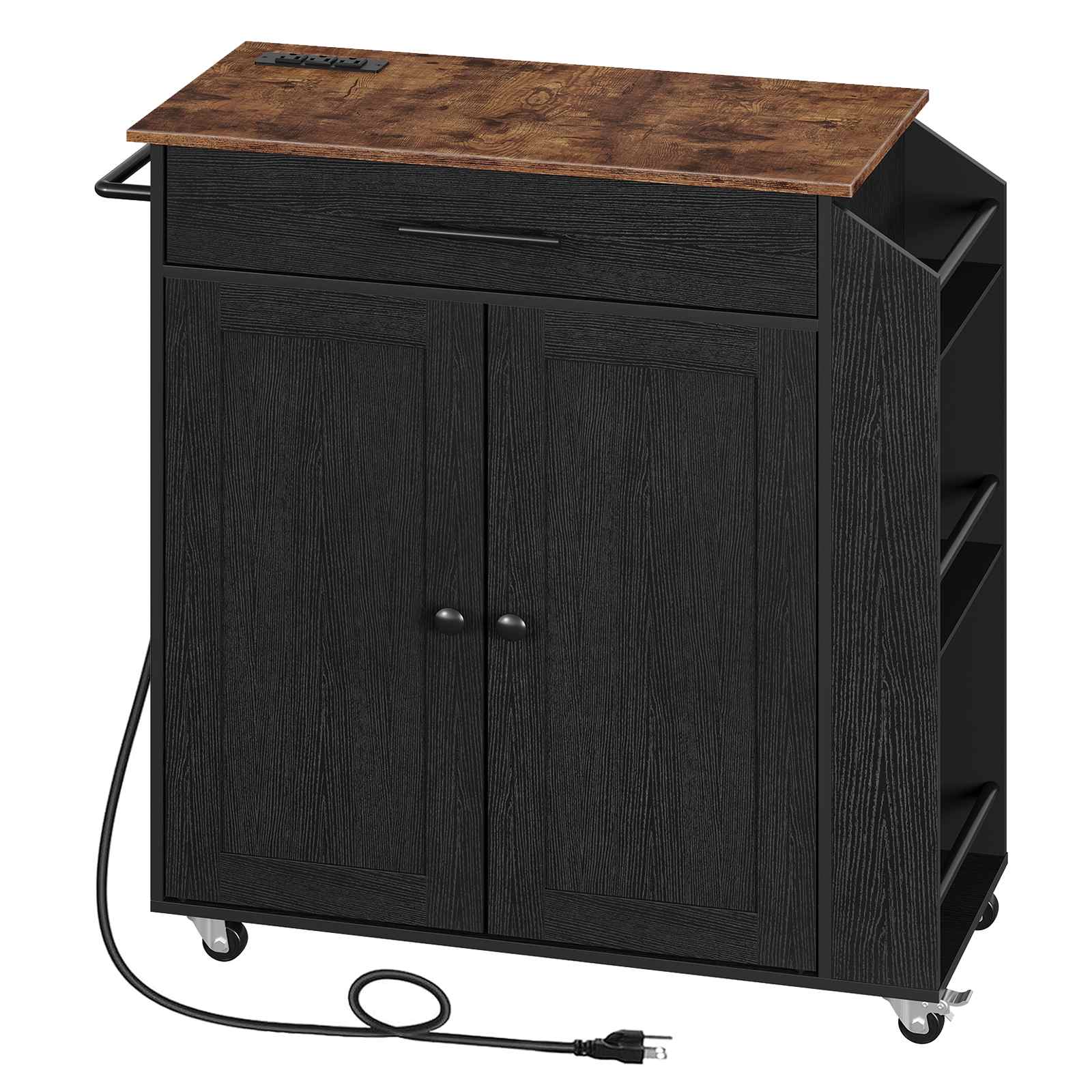 Rolling Kitchen Island with Integrated Power Outlet, Multi-Functional Storage Cart with Spice Rack & Drawer, for Home Kitchen & Dining Room, Rustic Brown & Black Finish
