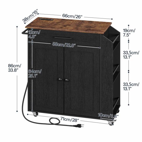 Выдвижной кухонный остров со встроенной розеткой, Многофункциональная тележка для хранения с полкой для специй & Ящик, для домашней кухни & Столовая, Рустик Браун & Черная отделка