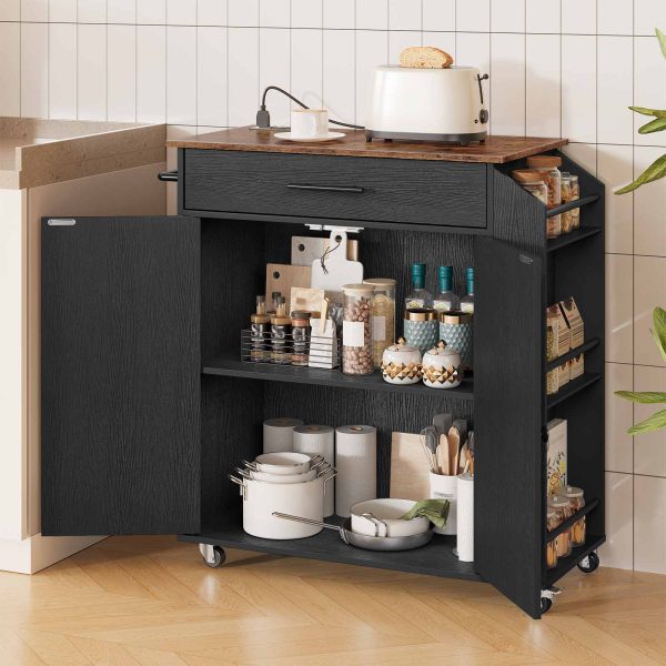 Выдвижной кухонный остров со встроенной розеткой, Многофункциональная тележка для хранения с полкой для специй & Ящик, для домашней кухни & Столовая, Рустик Браун & Черная отделка