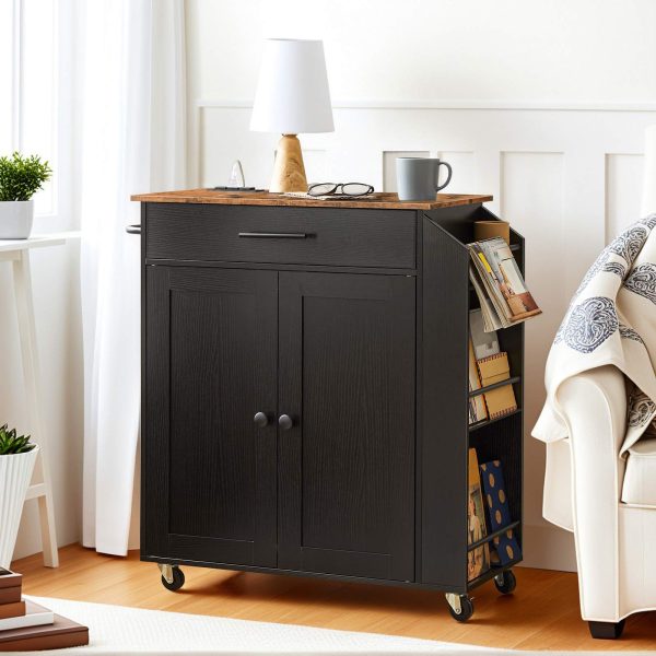 Выдвижной кухонный остров со встроенной розеткой, Многофункциональная тележка для хранения с полкой для специй & Ящик, для домашней кухни & Столовая, Рустик Браун & Черная отделка