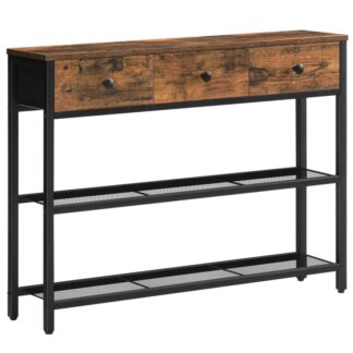 39.4" طاولة كونسول ضيقة مع 3 أدراج القماش, طاولة مدخل صغيرة مع أرفف تخزين من 3 طبقات, طاولة أريكة رقيقة, الجدول الجانبي, لغرفة المعيشة, المدخل, ريفي البني والأسود