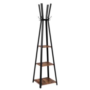 coat rack freestanding, coat hanger stand, hall tree with 3 storage shelves and hooks, for clothes, hats, bags, umbrella, steel frame, industrial style, rustic brown and black