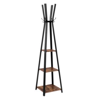 παλτό rack freestanding, στάση κρεμάστρας, δέντρο με 3 ράφια και άγκιστρα αποθήκευσης, για ρούχα, καπέλα, σακούλες, ομπρέλα, χάλυβα, βιομηχανικό στυλ, ρουστίκ καφέ και μαύρο