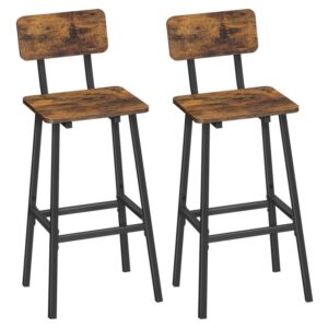 bar stools, set of 2, counter stools with backrest, kitchen breakfast chairs with footrests, industrial style, for kitchen, dining room, bar, cafe, rustic brown and black