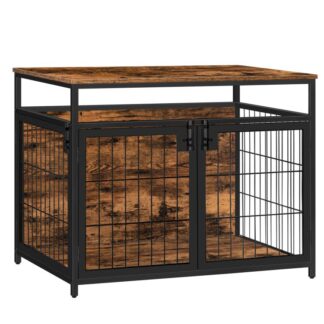 dog crate furniture, wooden dog crate, dog kennels with 3 doors indoor, decorative mesh pet crate end table for medium/small dog, chew-resistant dog house, rustic brown and black
