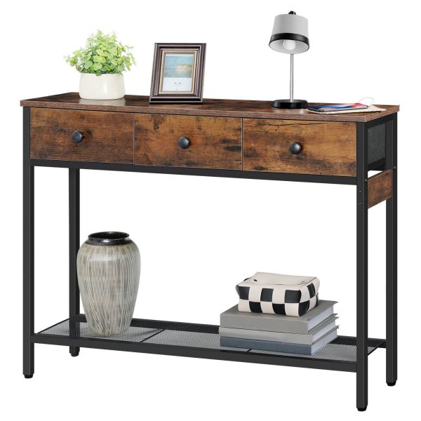 Slim Console Table with 3 Gavetas, Castanho Vintage & Black Metal-Frame Side Table with Adjustable Feet, Industrial Style Sofa Table for Hallway and Living Room