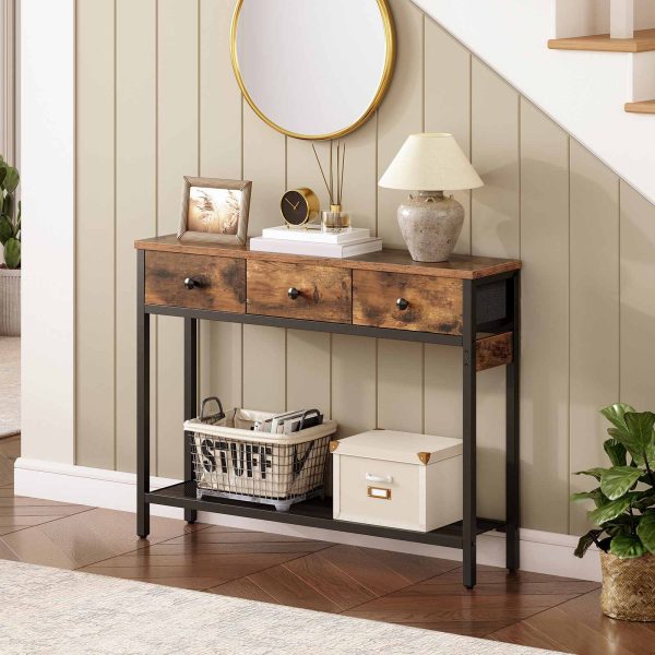 Slim Console Table with 3 Gavetas, Castanho Vintage & Black Metal-Frame Side Table with Adjustable Feet, Industrial Style Sofa Table for Hallway and Living Room
