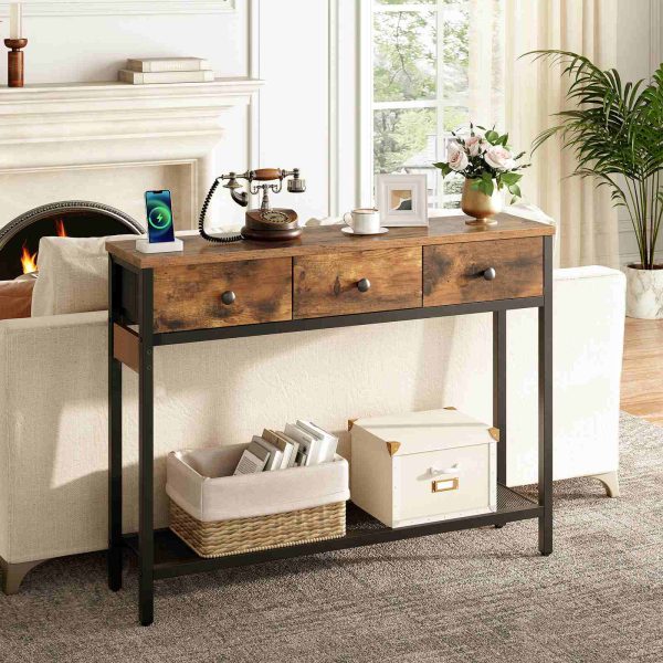 Slim Console Table with 3 Gavetas, Castanho Vintage & Black Metal-Frame Side Table with Adjustable Feet, Industrial Style Sofa Table for Hallway and Living Room