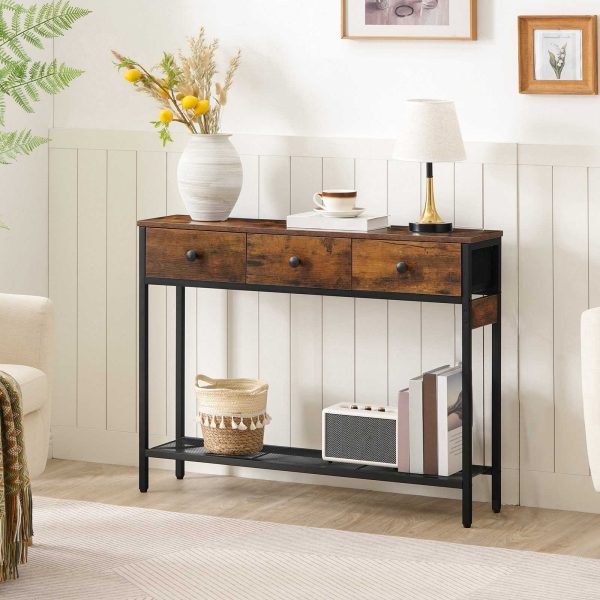 Slim Console Table with 3 Gavetas, Castanho Vintage & Black Metal-Frame Side Table with Adjustable Feet, Industrial Style Sofa Table for Hallway and Living Room