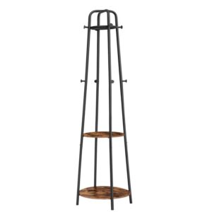 coat rack, coat stand with 8 unique hooks and 2 shelves, coat tree free standing for clothing, hats, umbrellas in entryway, living room, metal frame, sturdy, stable, rustic brown
