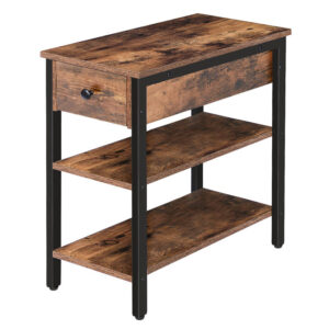 side table, 3-tier narrow nightstand with drawer and 2 shelves, industrial end table for small space, living room, bedroom, office, wood look accent table, rustic brown and black