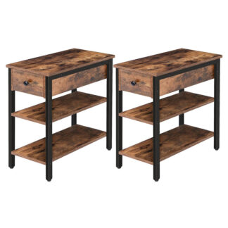 set of 2 end tables, narrow nightstand with drawer and 2 storage shelves, industrial side table for small space, living room, bedroom, office, accent table, rustic brown