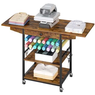HOOBRO 3 Tier Movable Heat Press Table, Foldable Heat Transfer Stand with Vinyl Roll Holder and Drawer, Heavy Duty Rolling Craft Table, Mobile Workbench Cart for DIY Sublimation, Rustic Brown