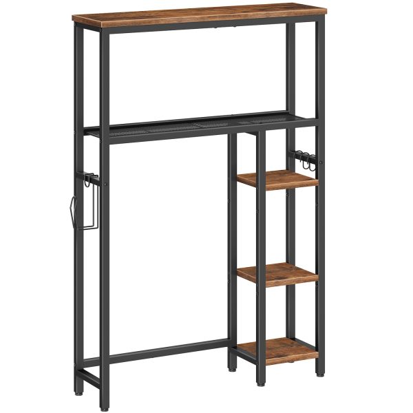 5-Tier Over-The-Toilet Storage Unit, Freestanding Bathroom Organizer with Toilet Paper Holder and Movable Hooks, Space-Saving Storage Shelves for Bathrooms, Rustic Brown & Black Finish