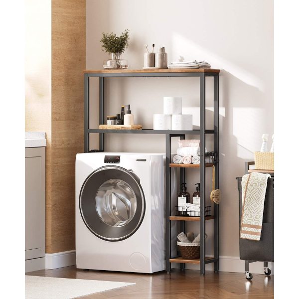 5-Tier Over-The-Toilet Storage Unit, Freestanding Bathroom Organizer with Toilet Paper Holder and Movable Hooks, Space-Saving Storage Shelves for Bathrooms, Rustic Brown & Black Finish