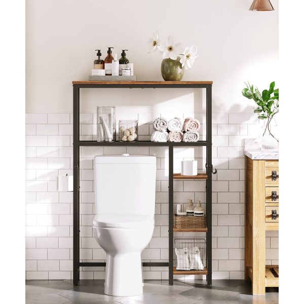 5-Tier Over-The-Toilet Storage Unit, Freestanding Bathroom Organizer with Toilet Paper Holder and Movable Hooks, Space-Saving Storage Shelves for Bathrooms, Rustic Brown & Black Finish