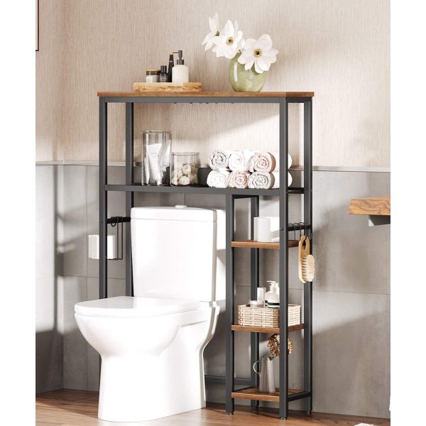 5-Tier Over-The-Toilet Storage Unit, Freestanding Bathroom Organizer with Toilet Paper Holder and Movable Hooks, Space-Saving Storage Shelves for Bathrooms, Rustic Brown & Black Finish