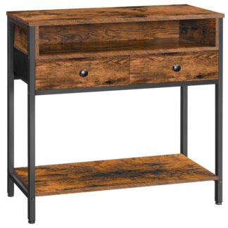 31.5" Rusztikus bejárati asztal tárolóval, Keskeny konzolasztal 2 Szövet fiókok és 3 Tároló polcok, Kanapéasztal fémkerettel, a folyosóra, Rusztikus barna és fekete