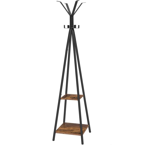 Freistehender Garderobenständer, Rustikaler brauner Eingangsbereichsbaum mit 8 Haken und 2 Lagerregale, Multifunktionaler Organizer für Kleidung, Hüte und Regenschirme, Einfache Montage