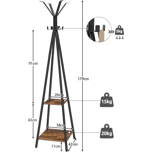 Freistehender Garderobenständer, Rustikaler brauner Eingangsbereichsbaum mit 8 Haken und 2 Lagerregale, Multifunktionaler Organizer für Kleidung, Hüte und Regenschirme, Einfache Montage