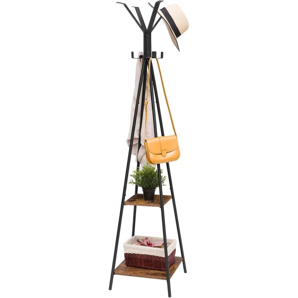 Freistehender Garderobenständer, Rustikaler brauner Eingangsbereichsbaum mit 8 Haken und 2 Lagerregale, Multifunktionaler Organizer für Kleidung, Hüte und Regenschirme, Einfache Montage