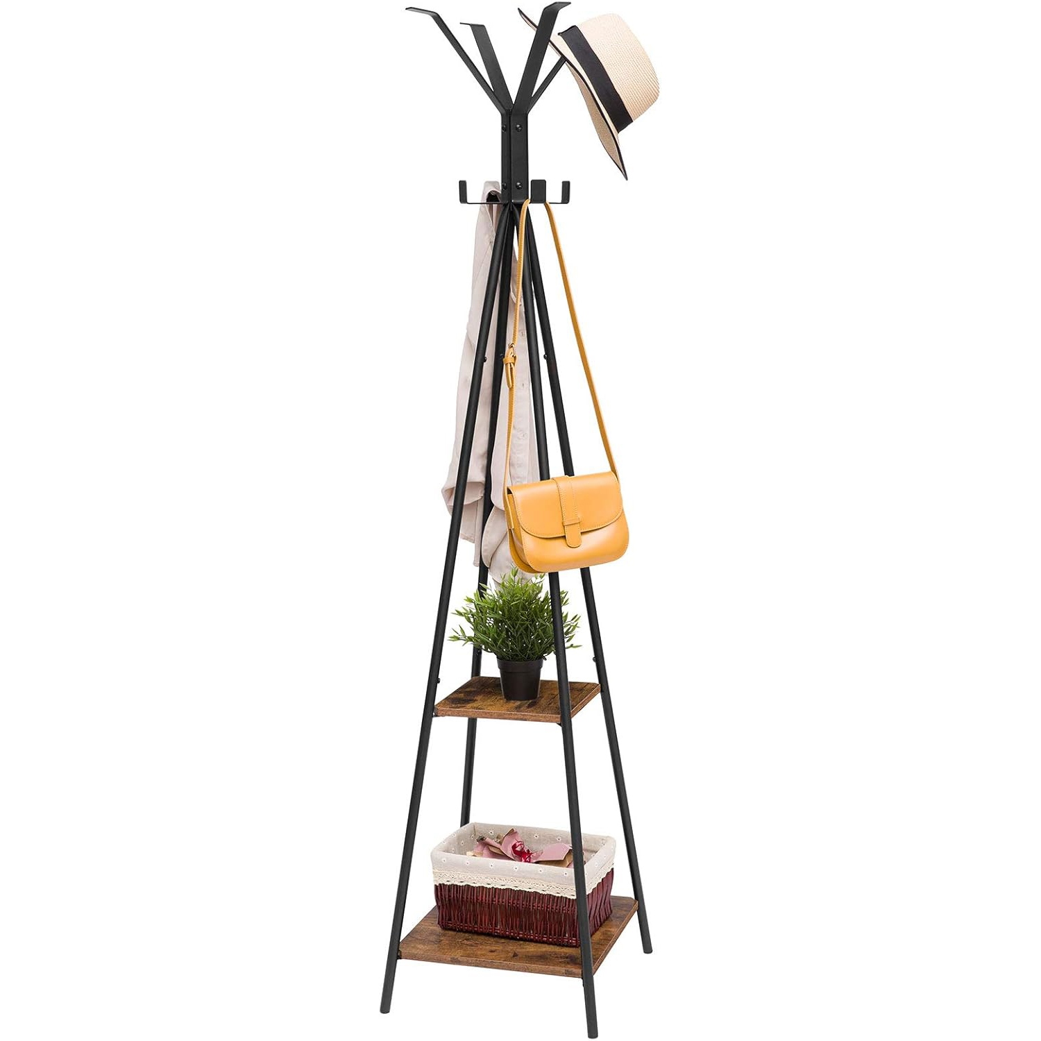 Free-Standing Coat Rack, Rustic Brown Entryway Hall Tree with 8 السنانير و 2 أرفف تخزين, Multifunctional Organizer for Clothes, Hats and Umbrellas, تجميع سهل
