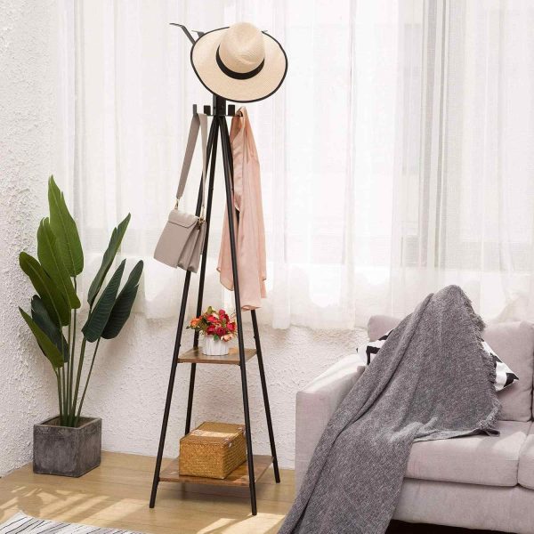 Freistehender Garderobenständer, Rustikaler brauner Eingangsbereichsbaum mit 8 Haken und 2 Lagerregale, Multifunktionaler Organizer für Kleidung, Hüte und Regenschirme, Einfache Montage