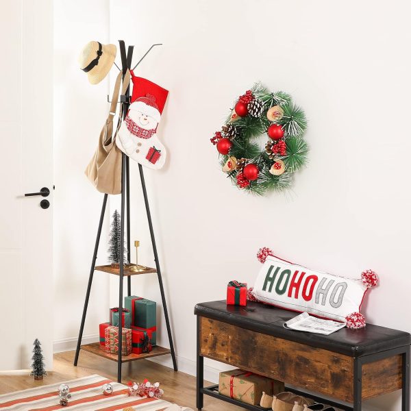 Freistehender Garderobenständer, Rustikaler brauner Eingangsbereichsbaum mit 8 Haken und 2 Lagerregale, Multifunktionaler Organizer für Kleidung, Hüte und Regenschirme, Einfache Montage