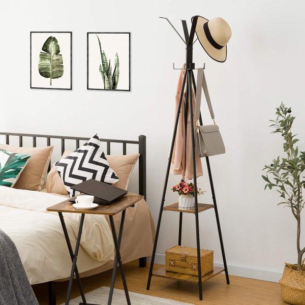 Freistehender Garderobenständer, Rustikaler brauner Eingangsbereichsbaum mit 8 Haken und 2 Lagerregale, Multifunktionaler Organizer für Kleidung, Hüte und Regenschirme, Einfache Montage