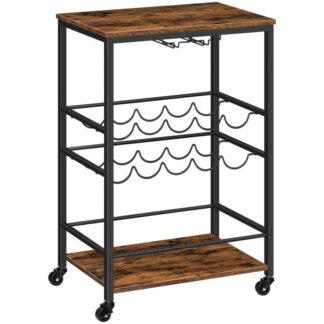 Barwagen für zu Hause, Servierwagen für die Küche auf Rädern, Weinwagen mit 2-stufigem Glashalter und Weinflaschenregalen, für Küche, Esszimmer, Wohnzimmer, Rustikalbraun und schwarz