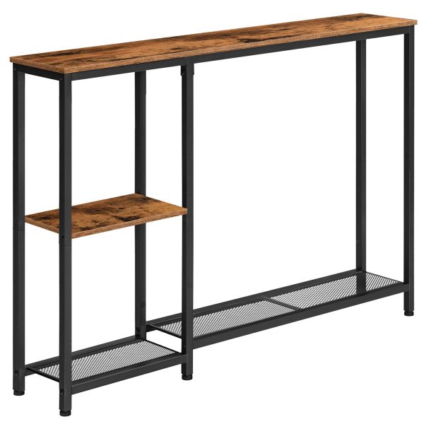 Rustic Brown & Black Narrow Console Table, Skinny Entryway Sofa Table with Storage Shelves, Suitable for Living Room, Foyer and Hallway