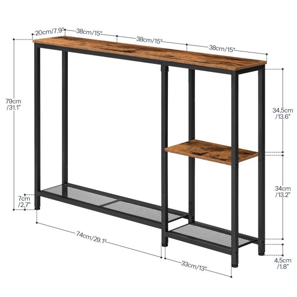 Rustic Brown & Black Narrow Console Table, Skinny Entryway Sofa Table with Storage Shelves, Suitable for Living Room, Foyer and Hallway