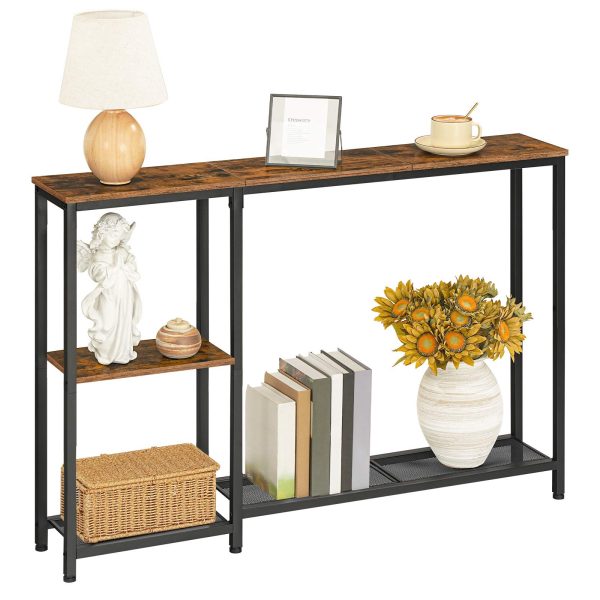 Rustic Brown & Black Narrow Console Table, Skinny Entryway Sofa Table with Storage Shelves, Suitable for Living Room, Foyer and Hallway